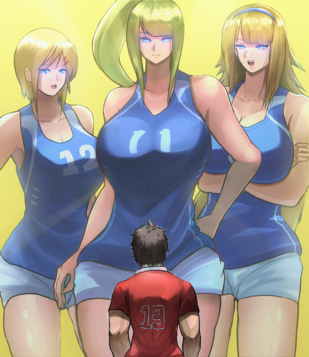 A well-built man in a red volleyball uniform labelled '13' faces three blonde Amazonian women, estimated to be around 304 cm tall or just shy of 10 feet.  On the left is number 12, with a bob and two small red hairclips on the right side of her bangs.  In the middle is number 11, with a somewhat greener ponytail and straight-cut bangs.  She has one hand on her hip.  The right player's number is obscured (possibly a single digit?) but her arms are crossed and her long spiky hair is accented with a blue hairband.